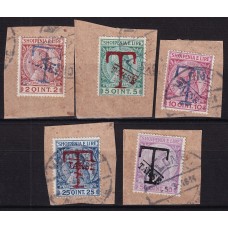 ALBANIA 1905 Yv TAXA 1/5 SERIE COMPLETA DE ESTAMPILLAS USADAS EN FRAGMENTOS 40 €